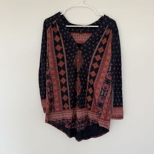 Lucky Brand Geometric Print V Neck Blouse Boho Western Summer Sz Large